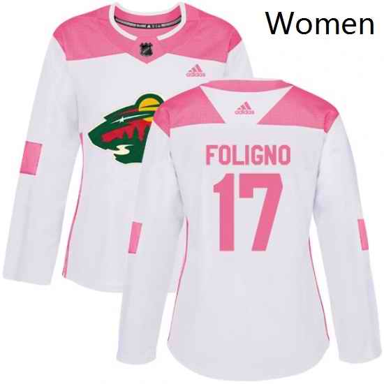 Womens Adidas Minnesota Wild 17 Marcus Foligno Authentic WhitePink Fashion NHL Jersey